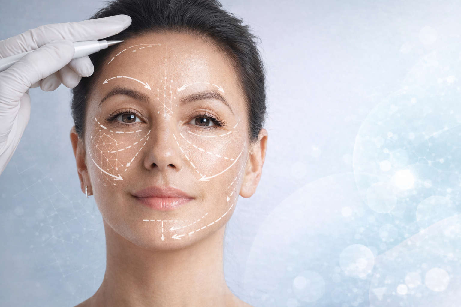 Mulher com marcações de harmonização facial