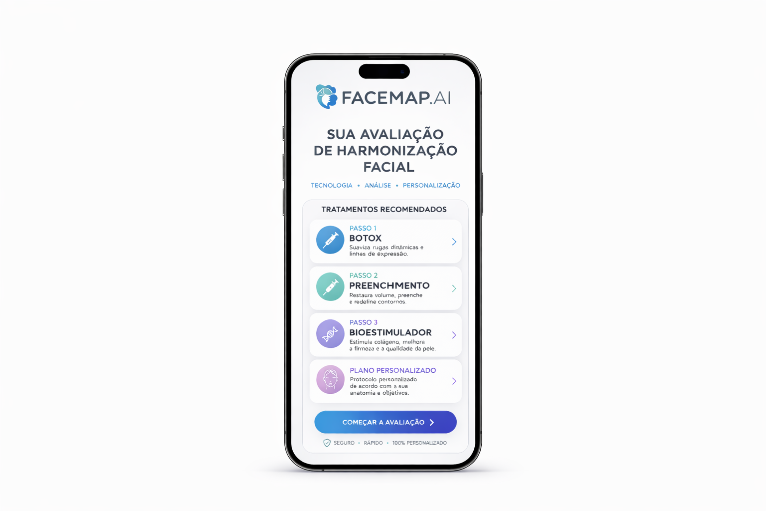 Interface do aplicativo Face Map com tratamentos recomendados